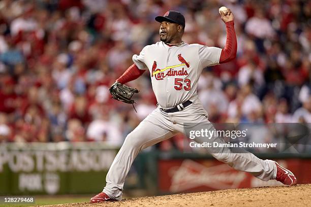 Playoffs: St. Louis Cardinals Arthur Rhodes in action, pitching vs Philadelphia Phillies at Citizens Bank Park. Game 1. Philadelphia, PA 10/1/2011...