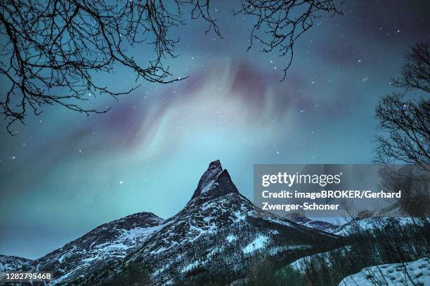 mountain peak (aurora borealis) stetind, arctic winter landscape, night view, starry sky, northern lights northern lights, stetinden, nordland, norway - stetind stock pictures, royalty-free photos & images