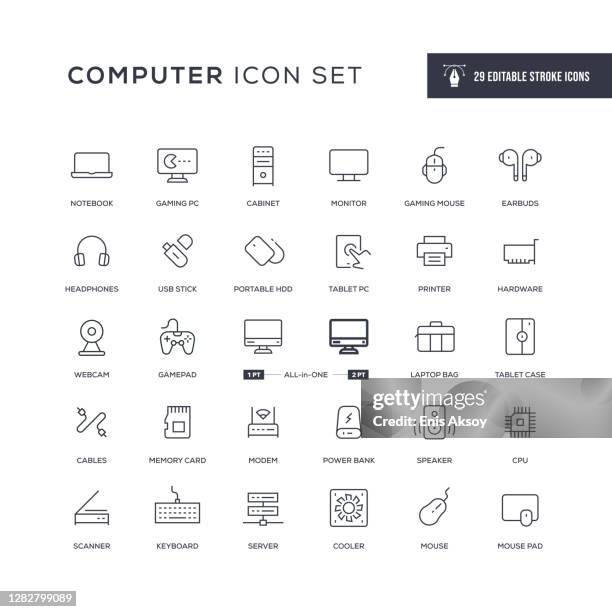 stockillustraties, clipart, cartoons en iconen met computerbewerkbare lijnpictogrammen - modem
