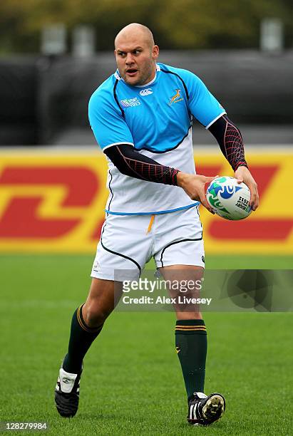 Van der Linde passes the ball during a South Africa IRB Rugby World Cup 2011 training session at Hutt Recreational Ground on October 6, 2011 in...