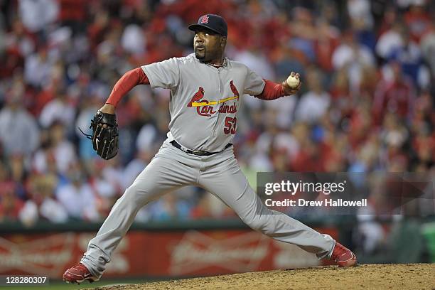 Arthur Rhodes of the St. Louis Cardinals pitches during Game One of the National League Division Series against the Philadelphia Phillies at Citizens...