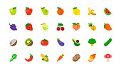 Set of Fruits and Vegetables. Vegetarian Foods. Fresh Organic Food Flat Icons, Emojis, Symbols, Stickers Collection