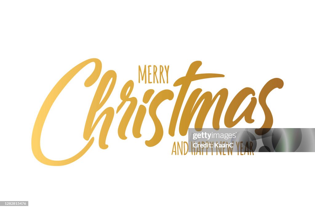 Merry Christmas and Happy New Year lettering. Seasonal greeting card template. stock illustration
