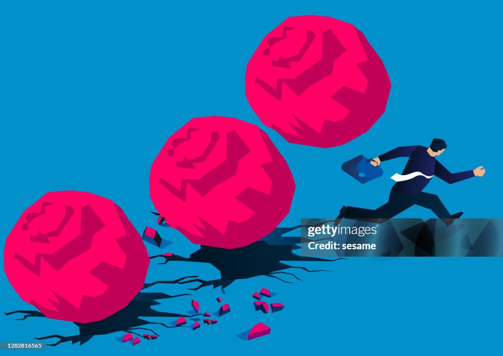 The falling boulder is about to hit the escaping businessman