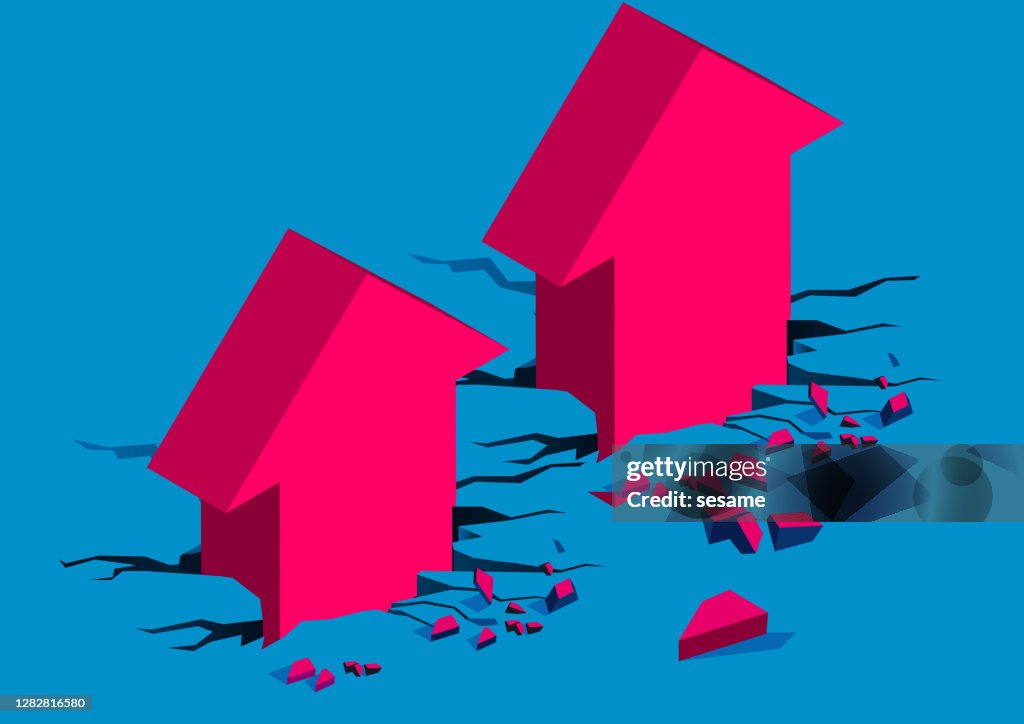 Isometric growing arrow breaks through the ground and grows upward