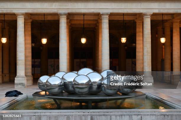 The fountain of the Palais Royal gardens in Paris on October 28, 2020 in Paris, France.