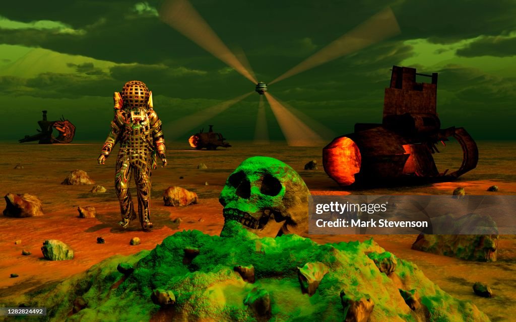 An Astronaut Exploring A Crash Site On An Alien Exoplanet