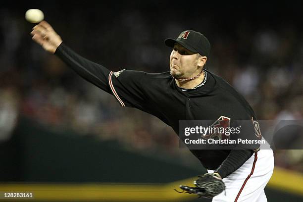 Bryan Shaw of the Arizona Diamondbacks throws a pitch against the Milwaukee Brewers in the sixth inning of Game Four of the National League Divison...