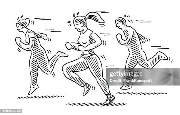 group of people jogging drawing - sweating bullets clip art stock illustrations