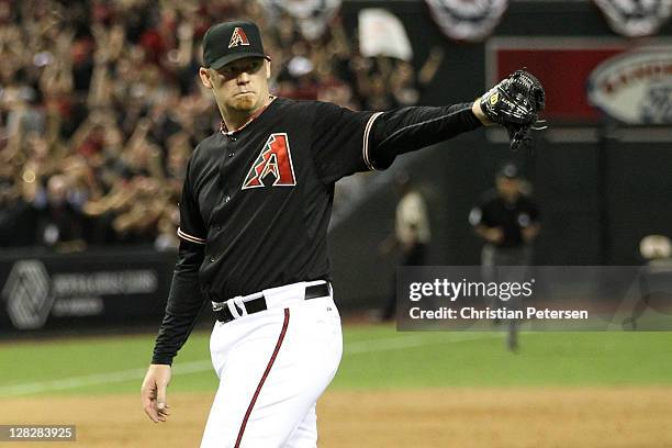 Putz of the Arizona Diamondbacks celebrates after defeating the Milwaukee Brewers 10-6 in Game Four of the National League Divison Series at Chase...