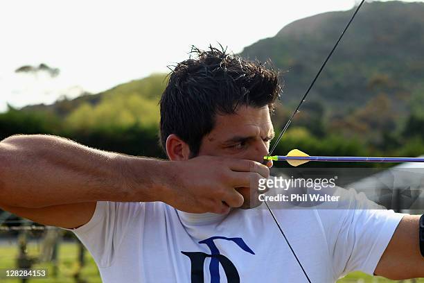 Fabrice Estebanez of the French IRB Rugby World Cup 2011 team enjoys an archery activity at Wild on Waiheke while visiting Waiheke Island in...