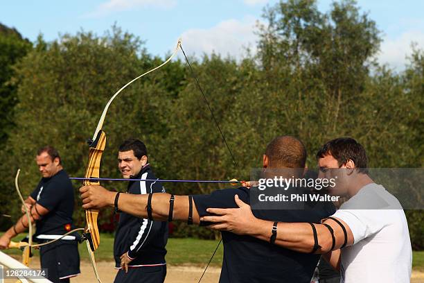 Luc Ducalcon and Louis Picamoles of the French IRB Rugby World Cup 2011 team enjoy an archery activity at Wild on Waiheke while visiting Waiheke...