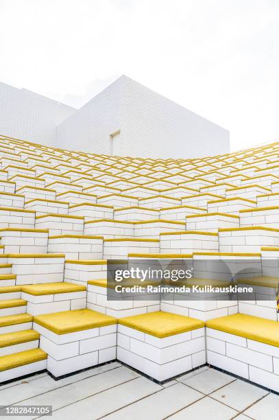 An outside view of the yellow stairs of the LEGO House building on September 25, 2020 in Billund, Denmark.