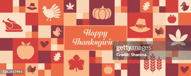 ilustrações de stock, clip art, desenhos animados e ícones de thanksgiving icons banner/greeting card - happy thanksgiving banner