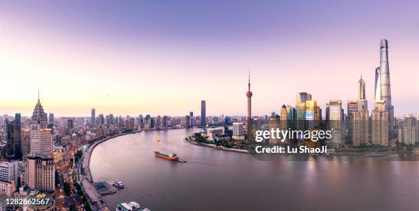 high angle view of urban skyline and cityscape at sunset in shanghai china. - china economy stock pictures, royalty-free photos & images