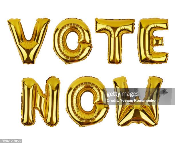 vote now word made of foil balloons isolated on white background - balloon letters stock pictures, royalty-free photos & images