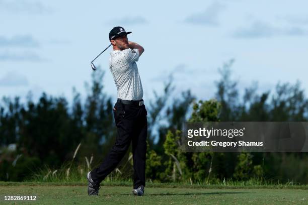 Graham DeLaet of Canada plays his shot from the first tee during the first round of the Bermuda Championship at Port Royal Golf Course on October 29,...