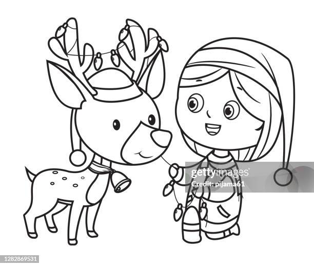 coloring book, christmas girl and reindeer - colouring stock illustrations