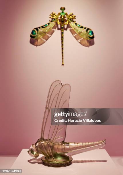 Dragonfly" automobile mascot and breastplate are seen on display at the "René Lalique e a Idade do Vidro, Arte e Indústria" during the COVID-19...