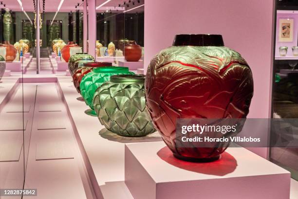 Glass works of art on display at the "René Lalique e a Idade do Vidro, Arte e Indústria" during the COVID-19 Coronavirus pandemic on October 29, 2020...