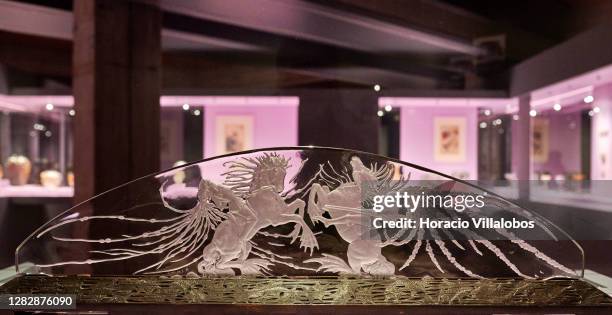 Glass works of art on display at the "René Lalique e a Idade do Vidro, Arte e Indústria" during the COVID-19 Coronavirus pandemic on October 29, 2020...