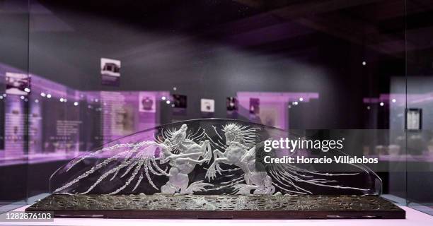 Glass works of art on display at the "René Lalique e a Idade do Vidro, Arte e Indústria" during the COVID-19 Coronavirus pandemic on October 29, 2020...