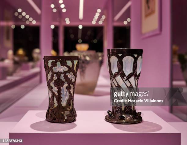 Glass works of art on display at the "René Lalique e a Idade do Vidro, Arte e Indústria" during the COVID-19 Coronavirus pandemic on October 29, 2020...