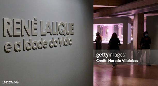 Entrance to the "René Lalique e a Idade do Vidro, Arte e Indústria" exhibition during the COVID-19 Coronavirus pandemic on October 29, 2020 in...