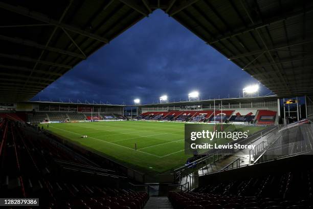 General view inside the stadium is seen during the Betfred Super League match between Leeds Rhinos and Wakefield Trinity at Totally Wicked Stadium on...