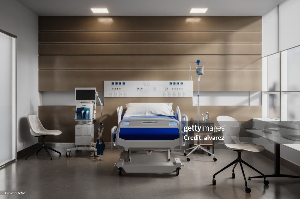 Digital gerendertes Bild einer leeren Krankenhaus-Intensivstation