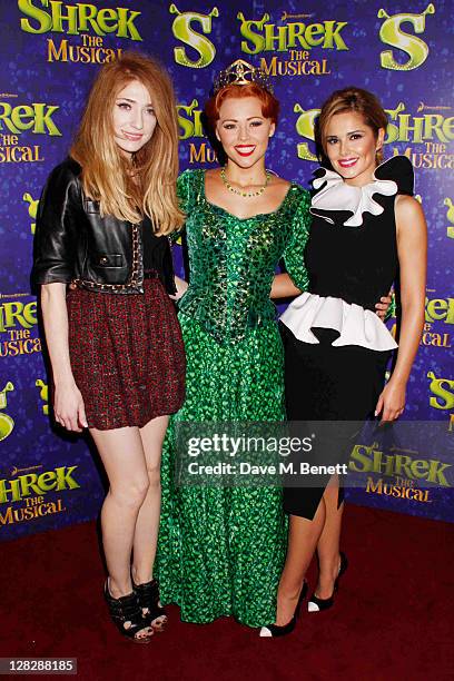 Nicola Roberts,Kimberly Walsh and Cheryl Cole attend singer Kimberley Walsh's debut in the role of Fiona in 'Shrek The Musical' at the Theatre Royal...