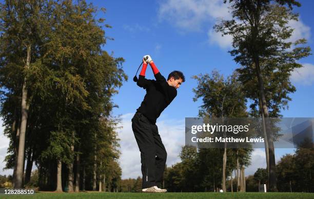 Richard Sadler of Killiow Golf Club tees off on the 9th hole during day two of the Skins PGA Fourball Championships at Forest Pines Hotel and Golf...