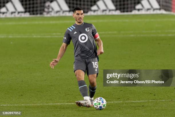 Michael Boxall of Minnesota United FC passes the ball during a game between Colorado Rapids and Minnesota United FC at Allianz Field on October 28,...