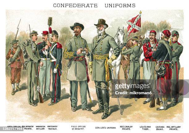 antique illustration of american confederate uniforms - american revolution soldier fotografías e imágenes de stock