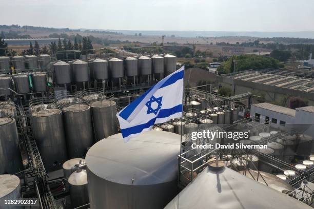 General aerial shows the Israeli flag flying over the Golan Heights Winery which announced this week that its wines will go on sale in the United...