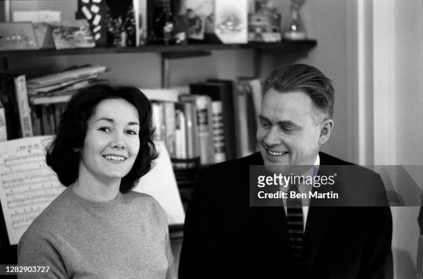 Time-Life reporter and novelist Sloan Wilson in New York with his second wife, Betty Stephens, US, December 1962.
