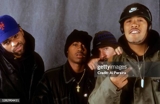 Rappers Method Man, Nas Kurious and Redman who is shown giving the middle finger obscene gesture are seen in a portrait taken on November 01, 1993 in...