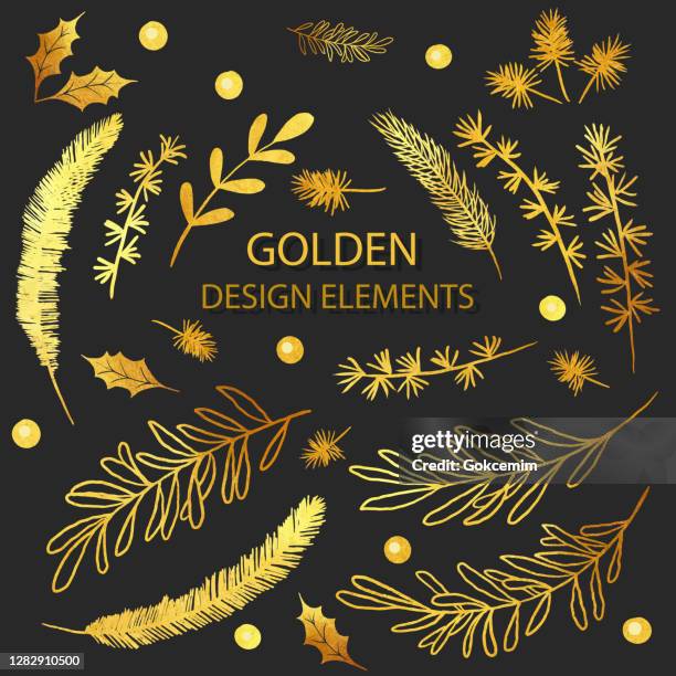 vector collection gold foil christmas holiday florals. set of golden fir, spruce, pine branches. gold christmas card design elements with winter plants, flowers, branches. elegant vintage pattern. - spruce stock illustrations