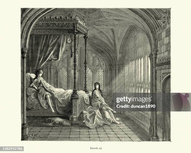 bradamante and the maiden in bed, medieval chivalric romance - four poster bed stock illustrations