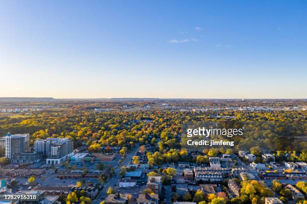 aerial oakville townscape and bronte creek at the lakeside of lake ontario, regional municipality of halton, canada - ontario canada stock pictures, royalty-free photos & images