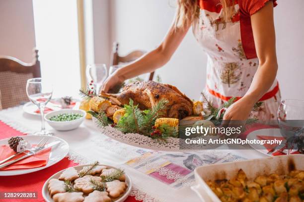 woman serving christmas meal on table. - christmas table turkey stock pictures, royalty-free photos & images