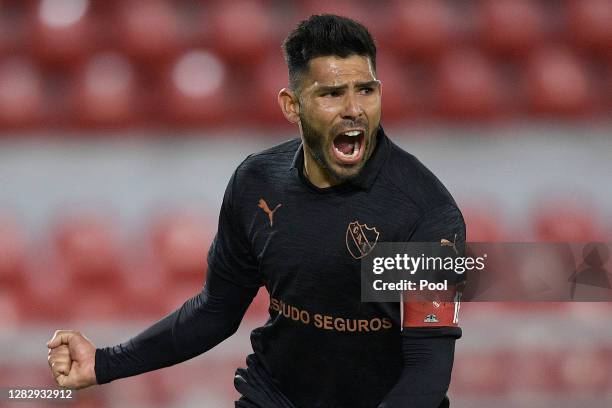 Silvio Romero of Independiente celebrates after scoring the first goal of his team during a second round match of Copa CONMEBOL Sudamericana 2020...