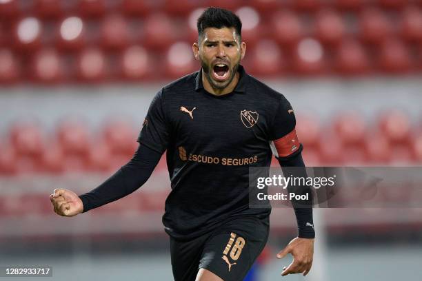Silvio Romero of Independiente celebrates after scoring the first goal of his team during a second round match of Copa CONMEBOL Sudamericana 2020...