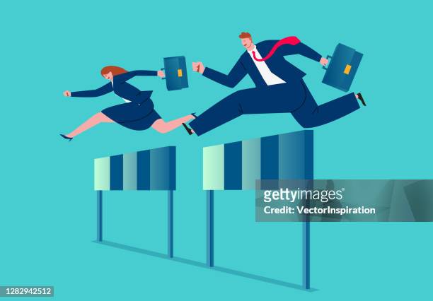 business competition and challenge, male businessman and businesswoman hurdle race, business concept illustration - forward athlete stock illustrations