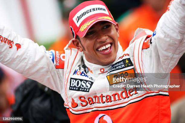 British McLaren Formula One driver Lewis Hamilton celebrating after winning the 2008 Monaco Grand Prix, Monte Carlo, on the 25 May 2008.