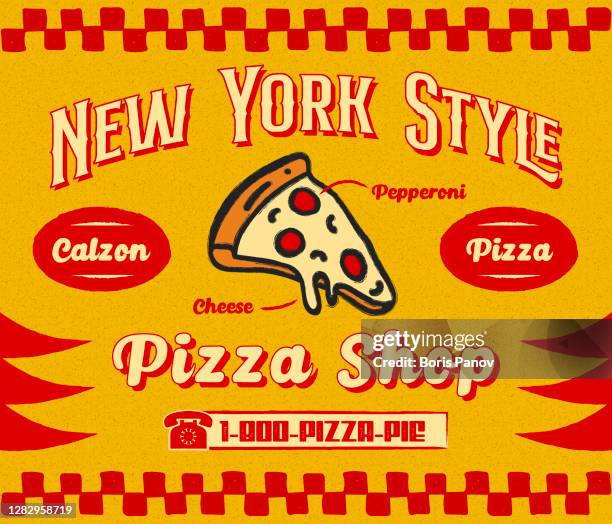 stockillustraties, clipart, cartoons en iconen met bistro style pizzeria promo banner of flyer template met slice of pizza icon op retro delivery poster - pizzeria