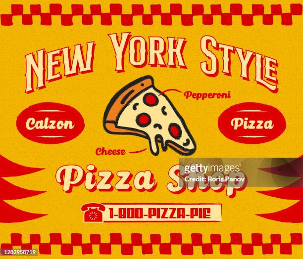 bildbanksillustrationer, clip art samt tecknat material och ikoner med bistro style pizzeria promo banner eller flyer mall med slice av pizza icon på retro delivery affisch - pizzeria