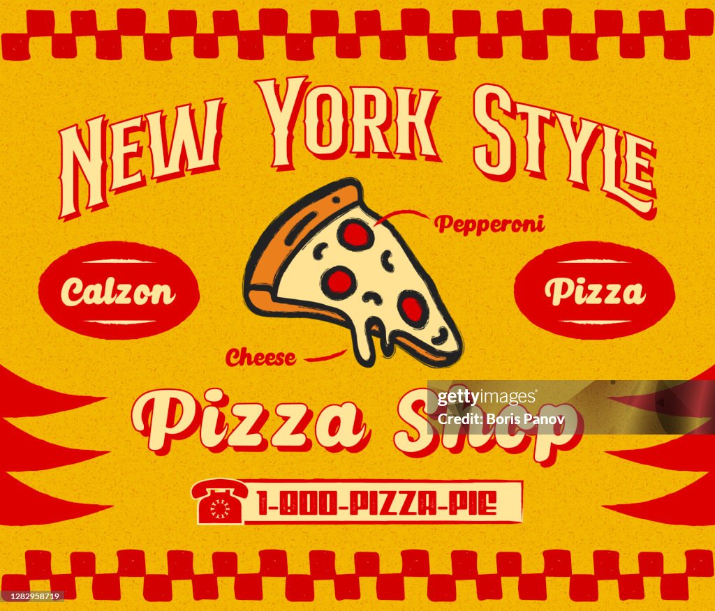 Bistro Style Pizzeria Promo Banner or Flyer Template with Slice of Pizza Icon on Retro Delivery Poster