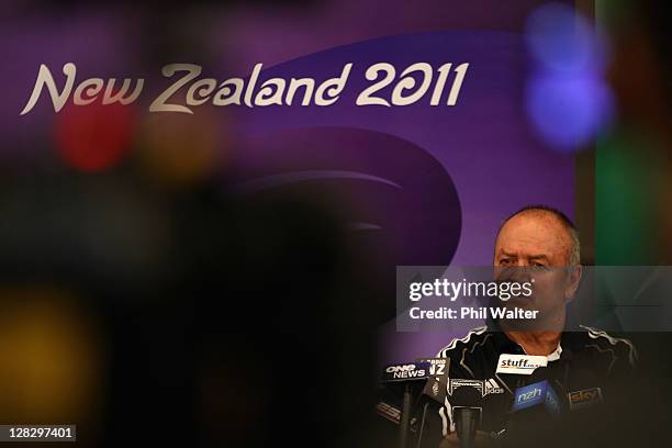 All Black coach Graham Henry answers questions during a New Zealand IRB Rugby World Cup 2011 media session at the Spencer On Byron Hotel on October...