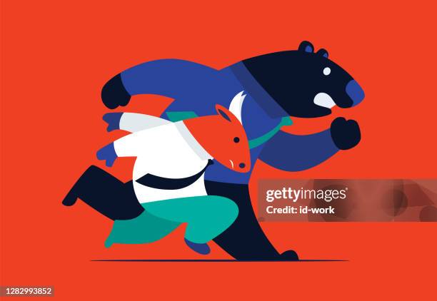 wütender stier im wettbewerb mit bär - bull bear stock-grafiken, -clipart, -cartoons und -symbole